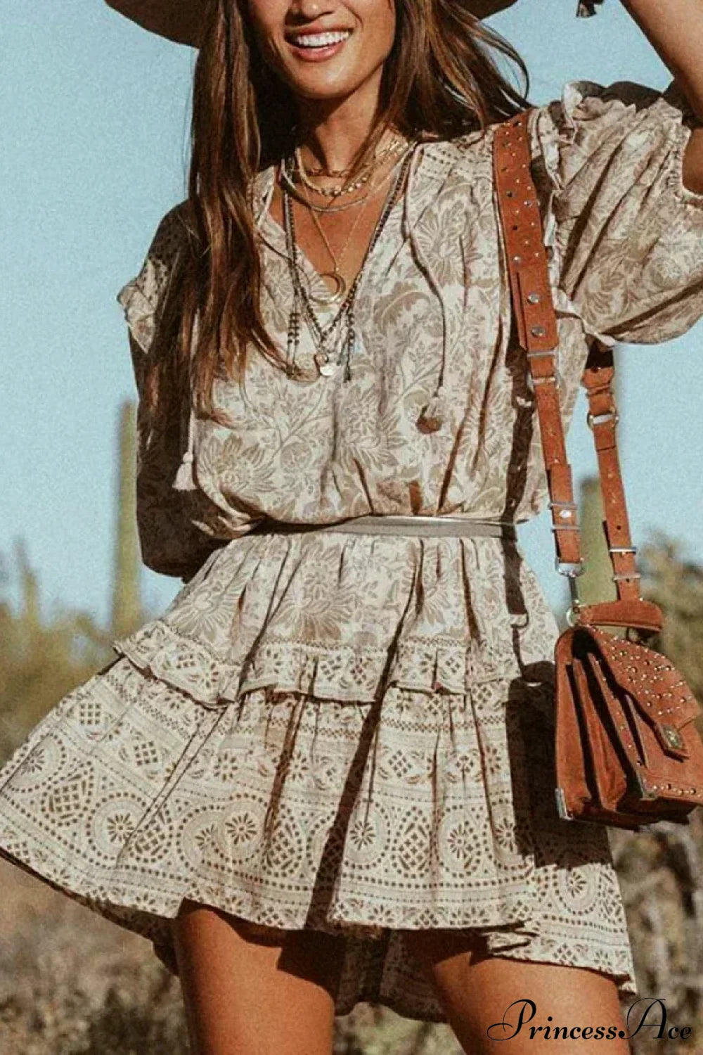 Mini Dress Boho Vintage Long Sleeve Floral Print Autumn Beach Dress Lioness Print / S bohodress-250126