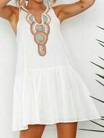 Embroidered V-Neck Sleeveless Shift Mini Dress