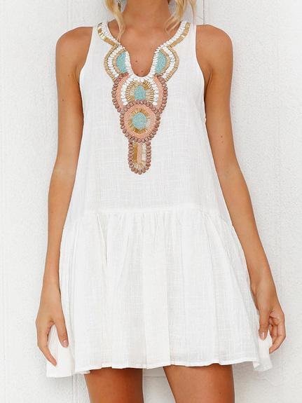 Embroidered V-Neck Sleeveless Shift Mini Dress