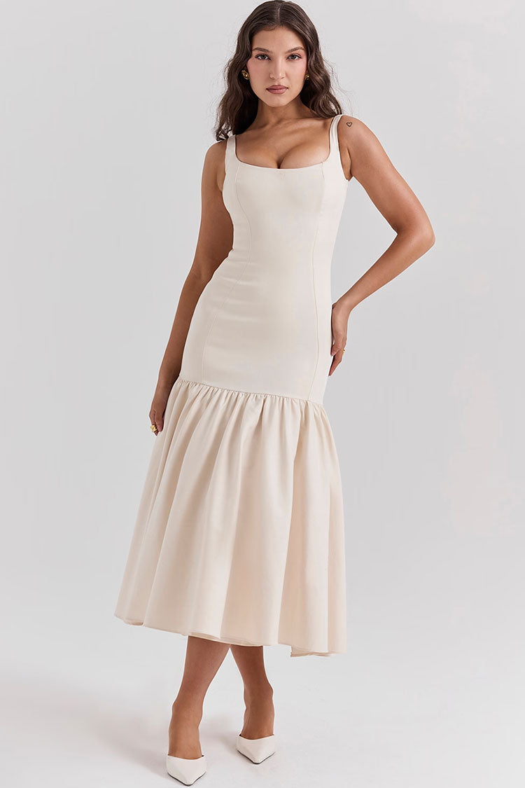 Minimal Scoop Neck Sleeveless Drop Waist Ruffle Cocktail Party Midi Dress - Fashionpara