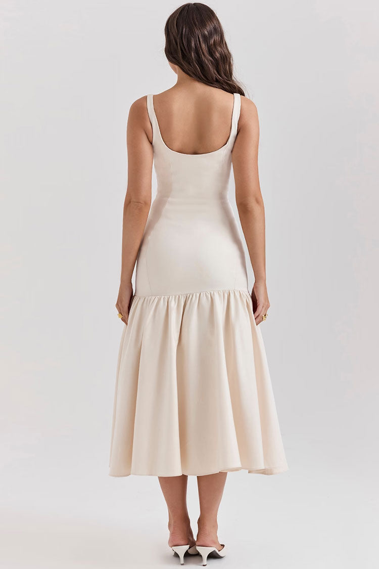 Minimal Scoop Neck Sleeveless Drop Waist Ruffle Cocktail Party Midi Dress - Fashionpara