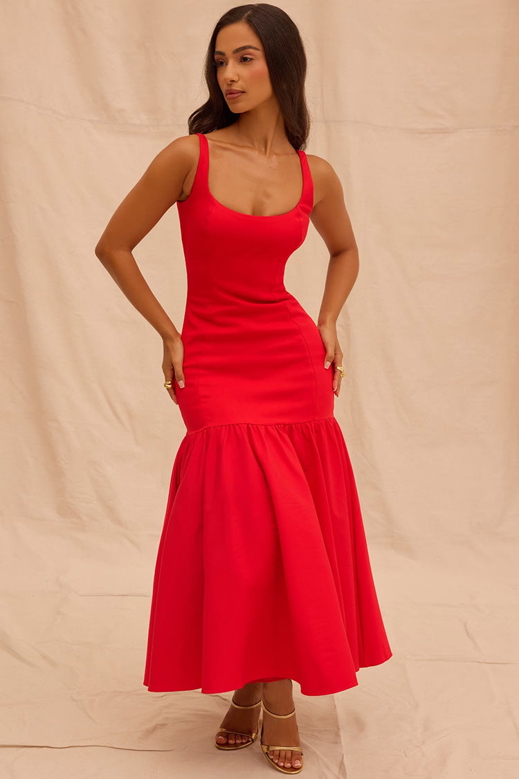 Minimal Scoop Neck Sleeveless Drop Waist Ruffle Cocktail Party Midi Dress - Fashionpara