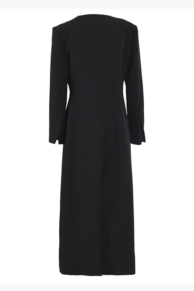 Chic Collarless V Neck Longline Coat with Shoulder Pads