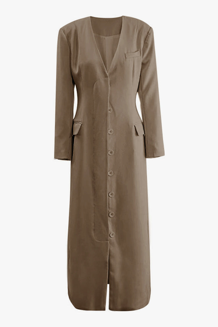 Chic Collarless V Neck Longline Coat with Shoulder Pads