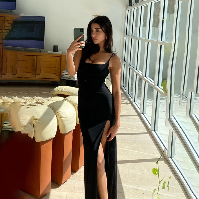 Lace-Trim Open-Back High-Slit Slip Maxi Dress 3