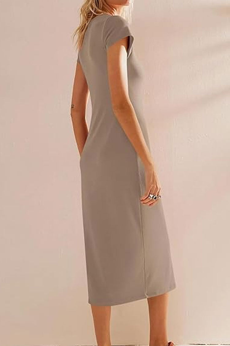Minimalist Solid Crew Neck Short Sleeve Slim Summer T Shirt Midi Dress