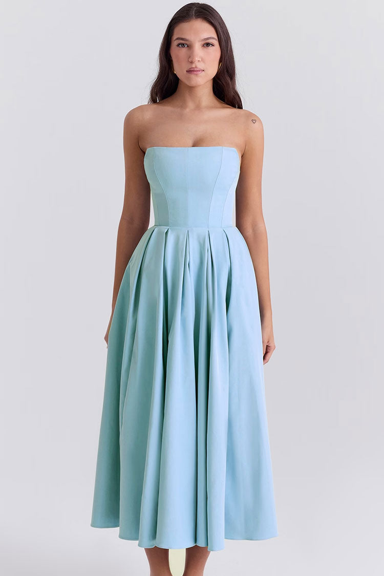 Minimalist Strapless Corset High Rise Pleated Fit & Flare Cocktail Party Midi Dress