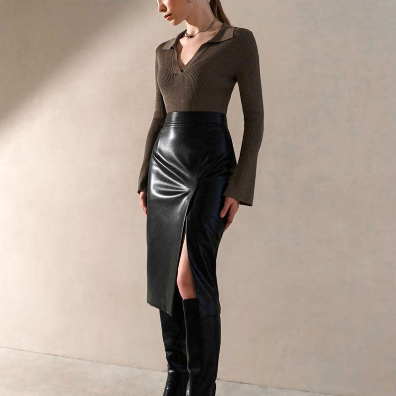High Waist Split Trim Vegan Leather Midi Skirt - Black