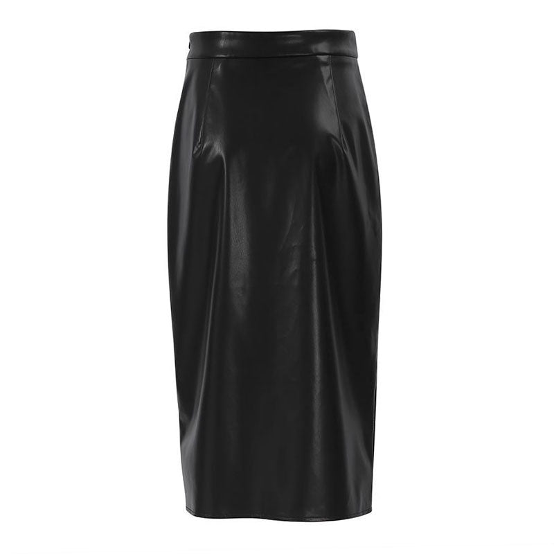 High Waist Split Trim Vegan Leather Midi Skirt - Black