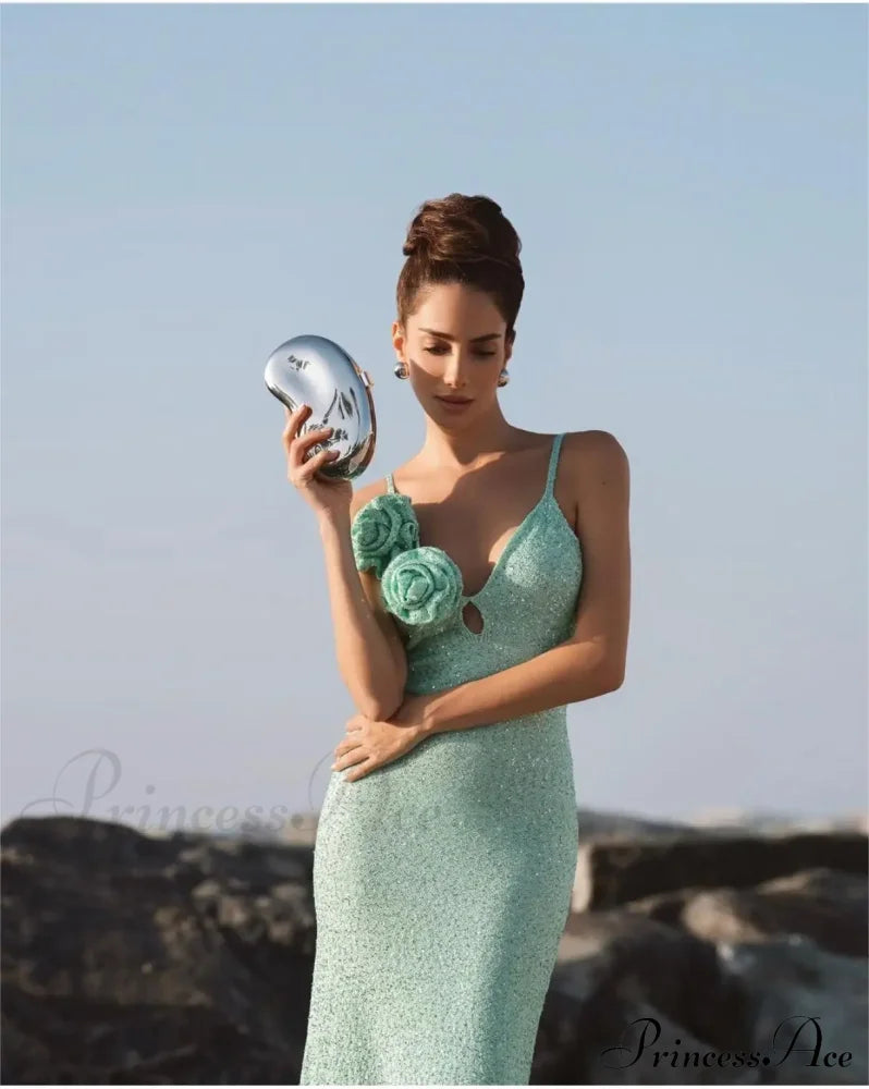 Mint Green Sequins Spaghetti Party Dress