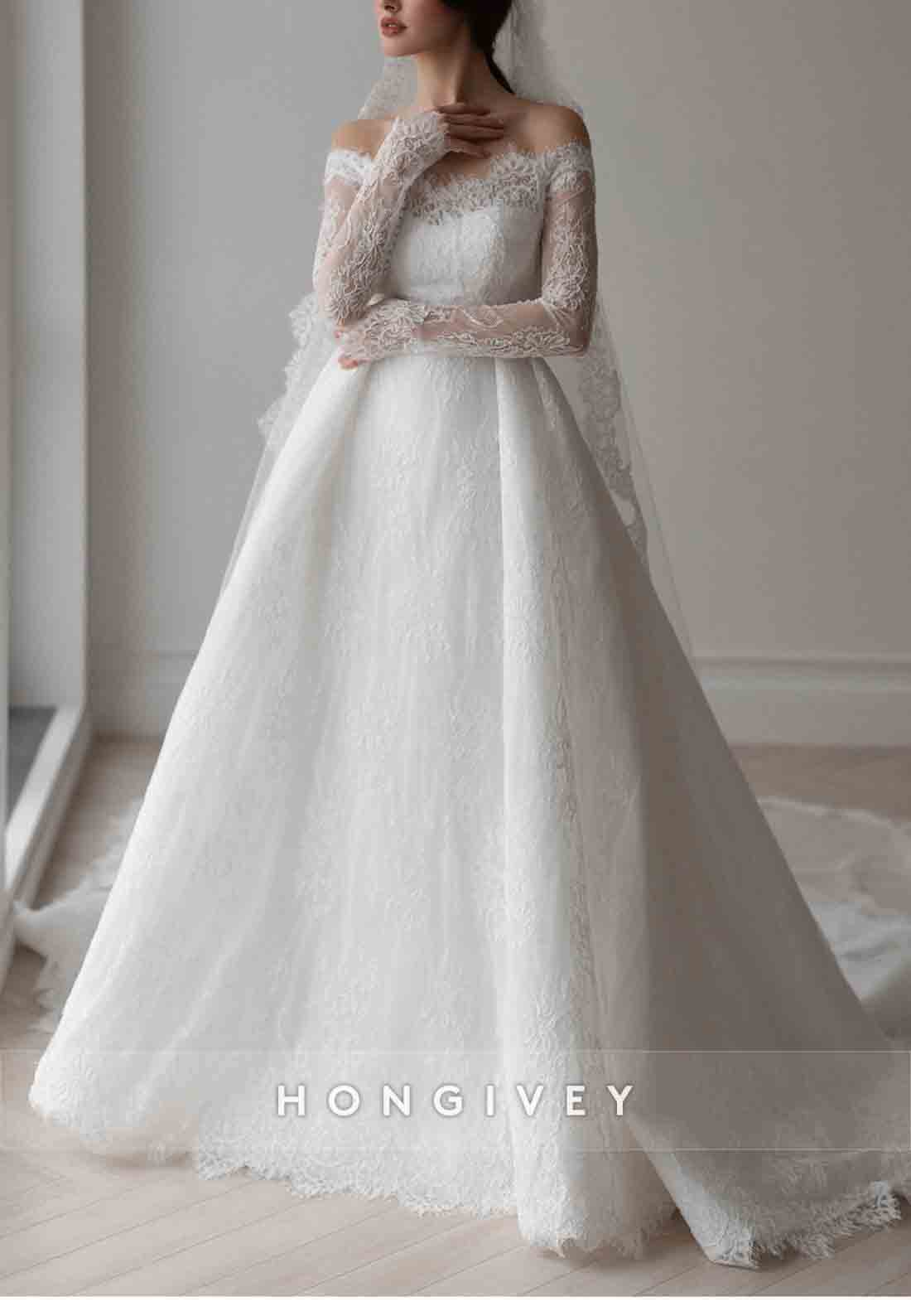 Lace A-Line Off the Shoulder Long Sleeves Court Train Detachable Wedding Dresses