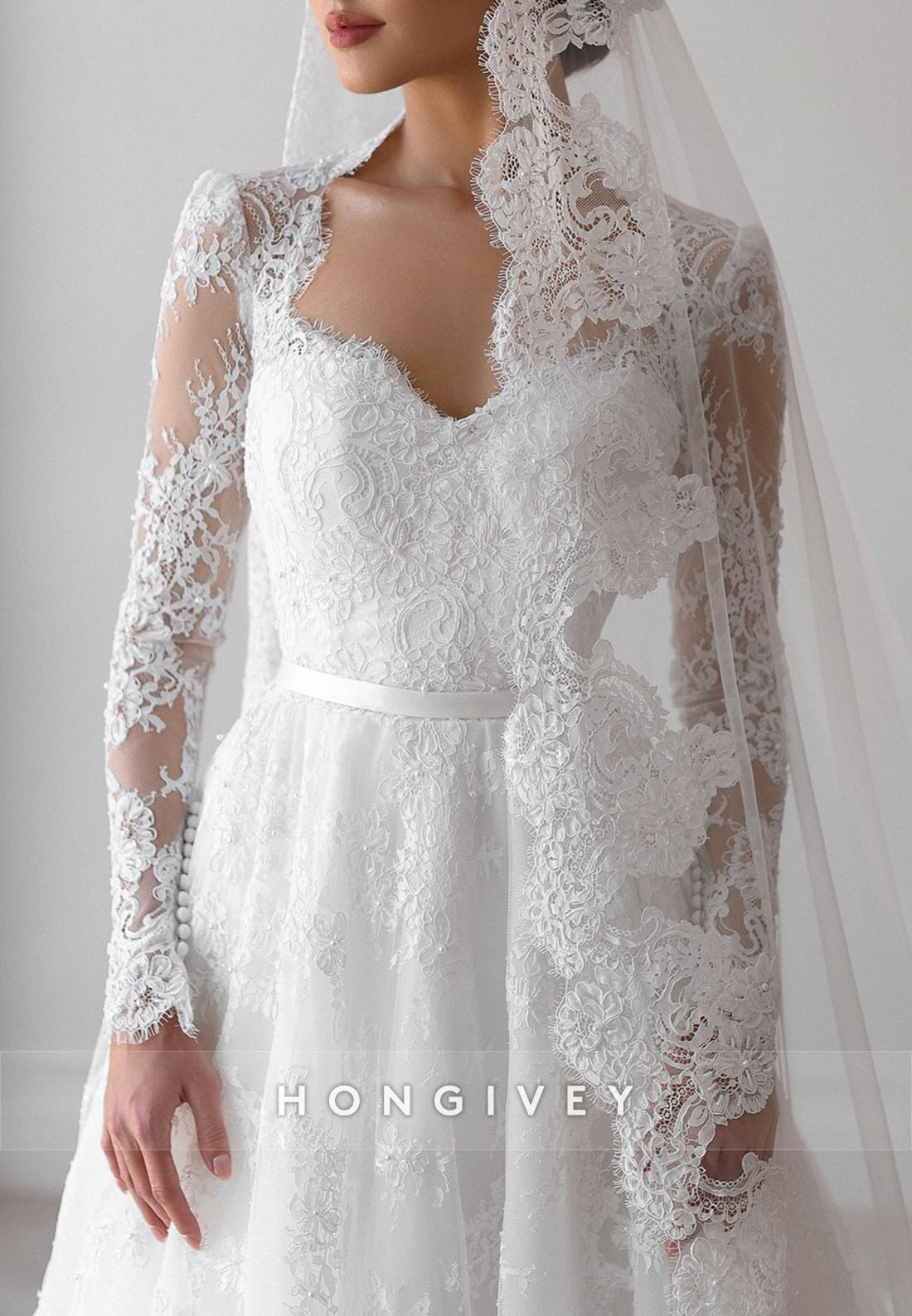 Lace Sweetheart Long Sleeves Court Train A-Line Detachable Wedding Dresses