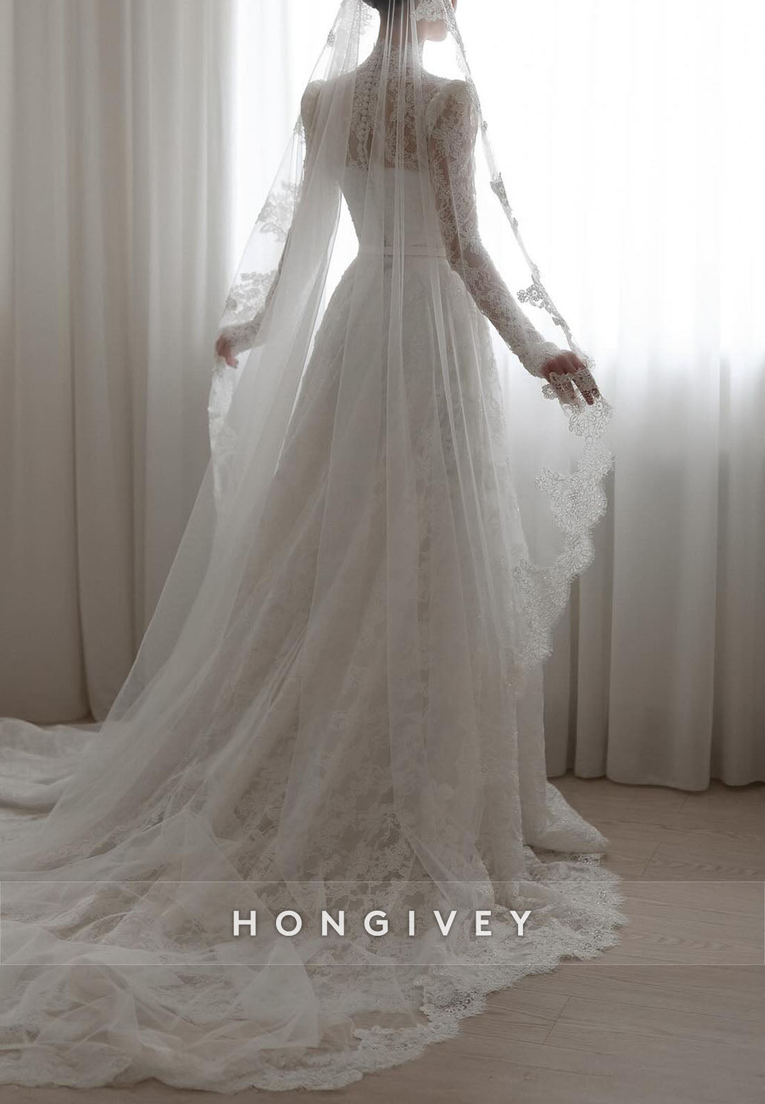 High Neck Lace A-Line Illusion Neck Court Train Long Sleeves Wedding Dresses