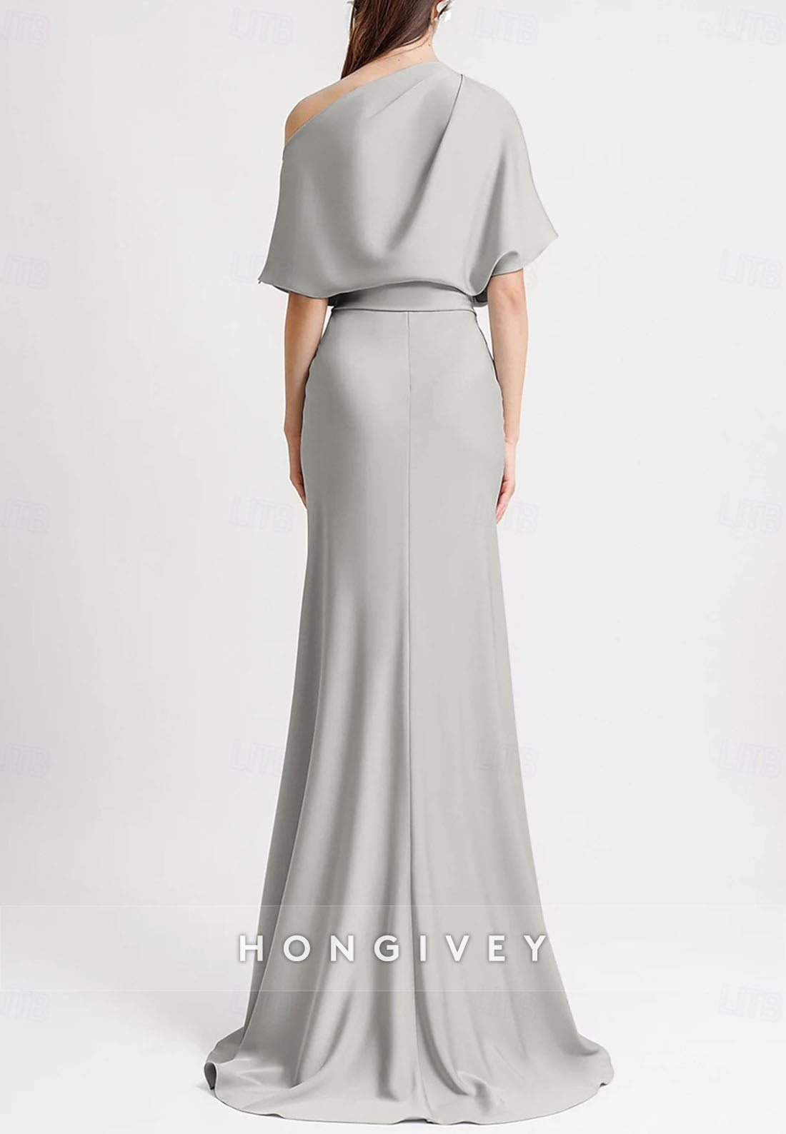 Simple Wedding Guest Dresses Sheath Floor-Length One Shoulder Flutter Sleeves Pleated Evening Gown
