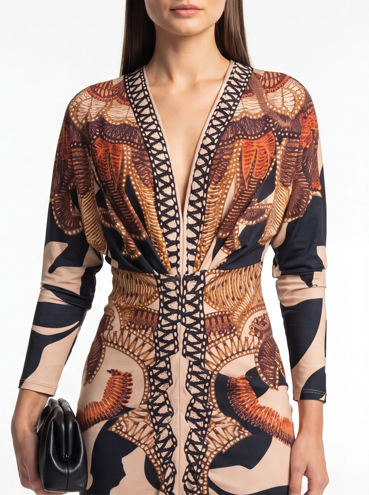 Deep V-Neck Long Sleeve Lattice Trim Graphic Bodycon Midi Dress - View 4