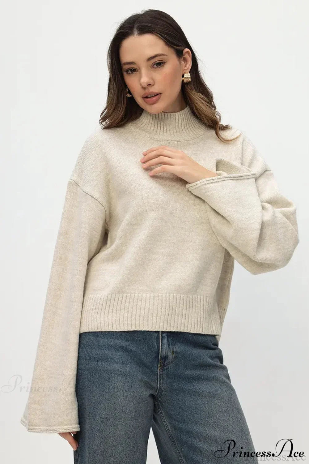 Mock Neck Bell-Sleeve Loose Short Sweater 13