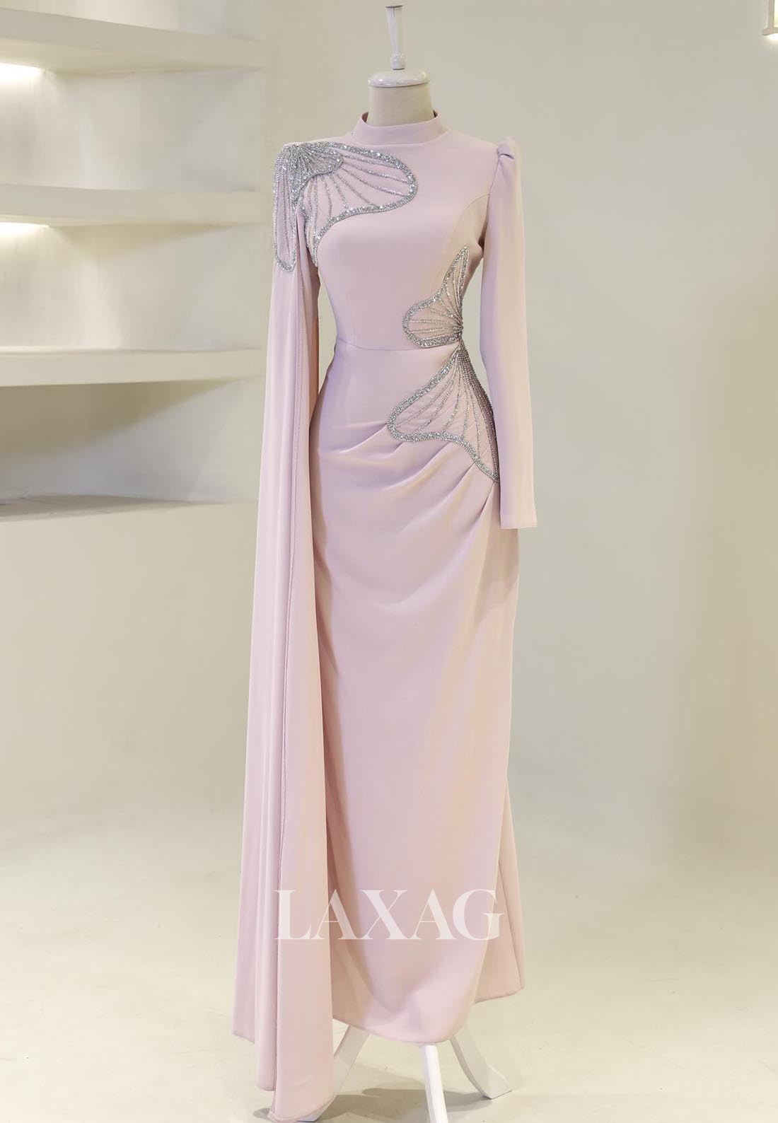 High-Neck Long-Sleeves Mermaid Mother of the Bride Dress Beaded Pleated Floor-Length Cocktail Gowns