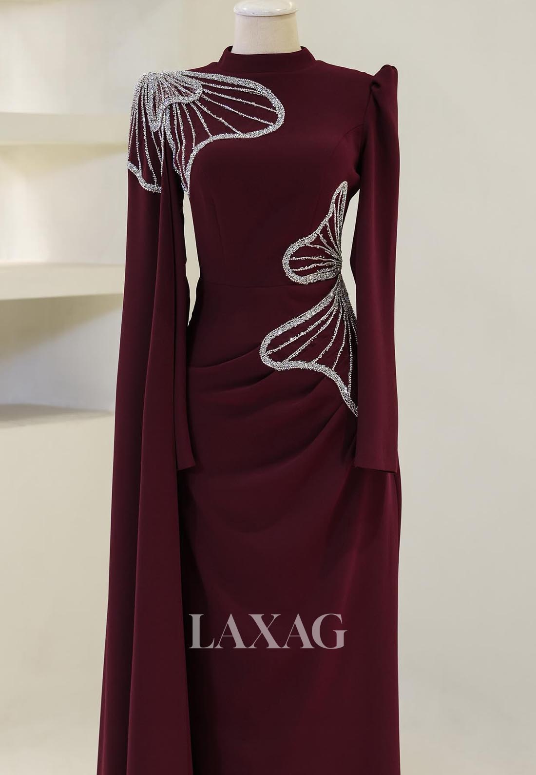 High-Neck Long-Sleeves Mermaid Mother of the Bride Dress Beaded Pleated Floor-Length Cocktail Gowns