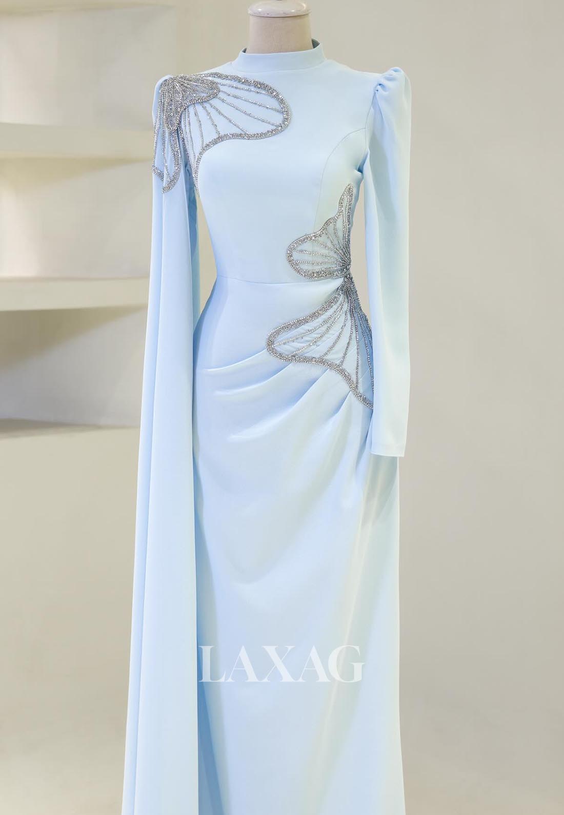 High-Neck Long-Sleeves Mermaid Mother of the Bride Dress Beaded Pleated Floor-Length Cocktail Gowns