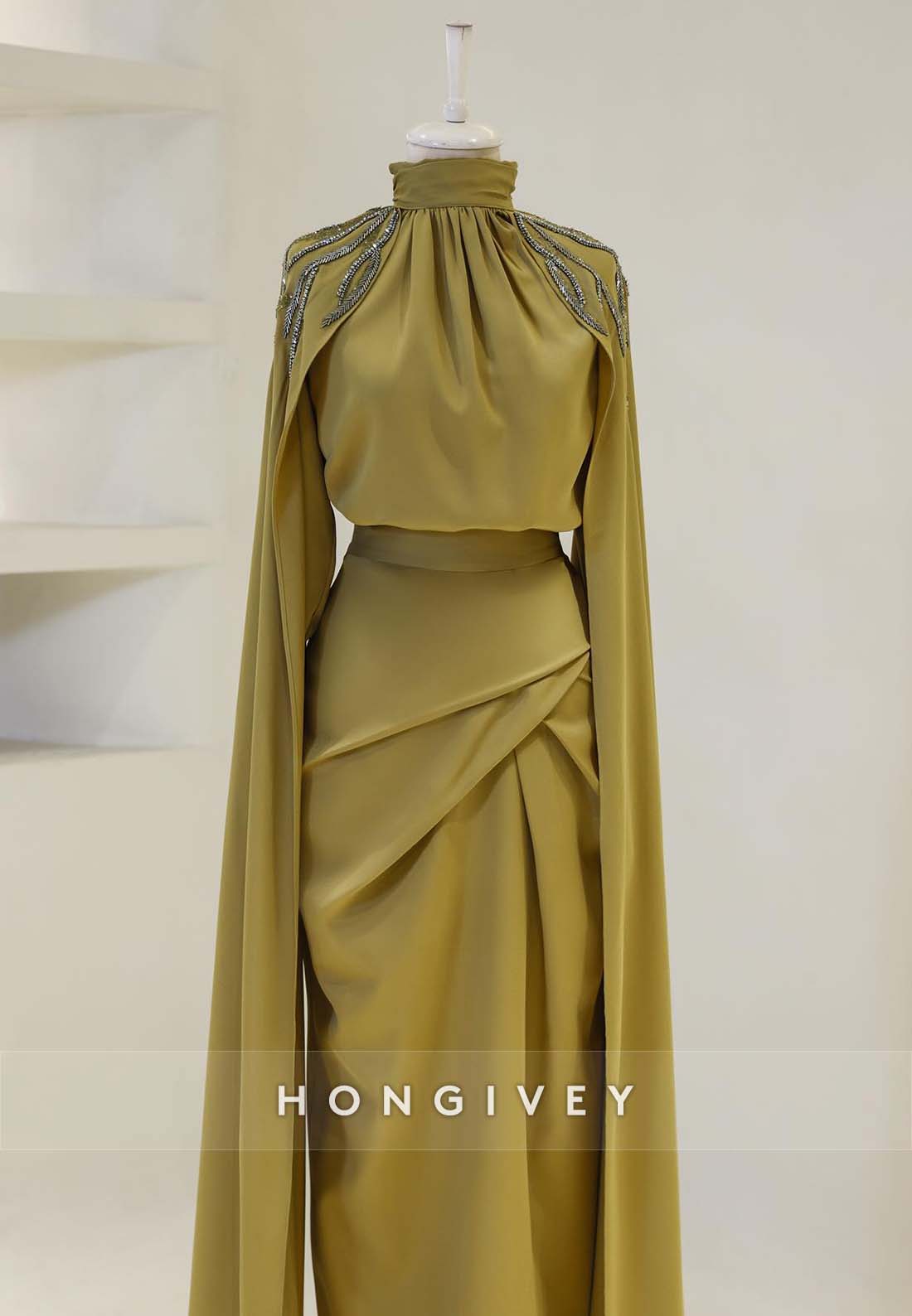Sheath Floor-Length Evening Gown High Neck Pleated Shoulder Appliqued Formal Dresses