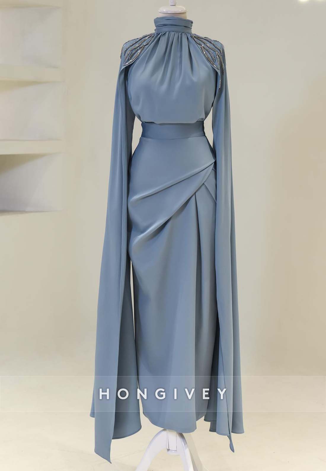 Sheath Floor-Length Evening Gown High Neck Pleated Shoulder Appliqued Formal Dresses
