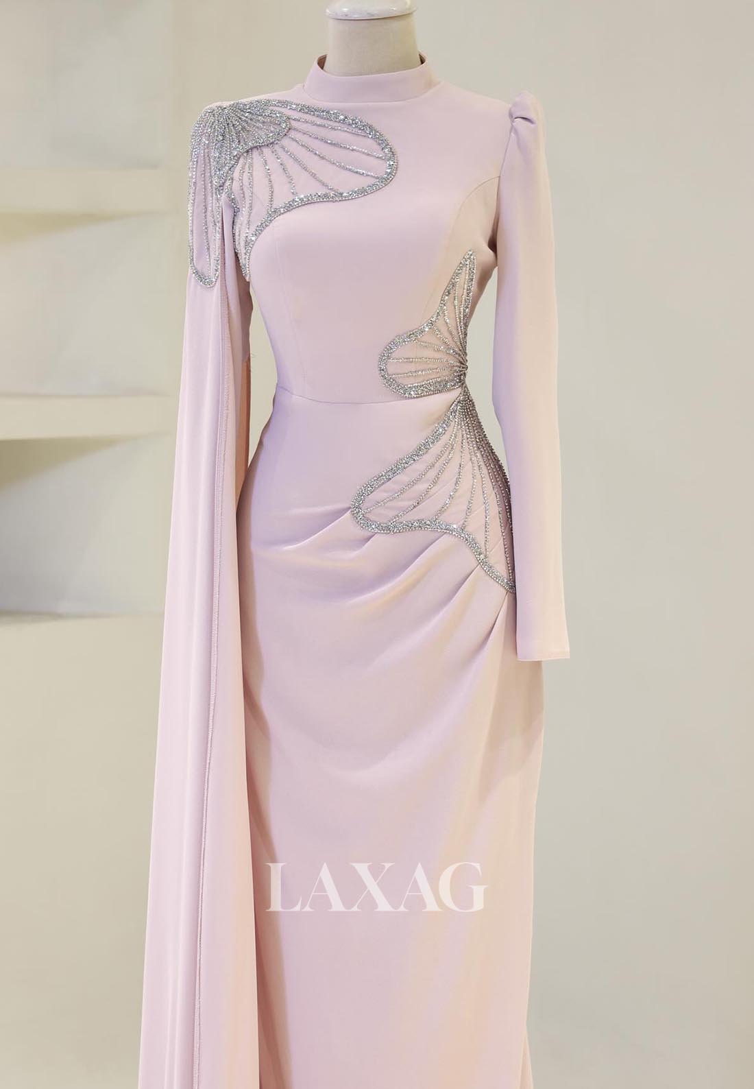 High-Neck Long-Sleeves Mermaid Mother of the Bride Dress Beaded Pleated Floor-Length Cocktail Gowns