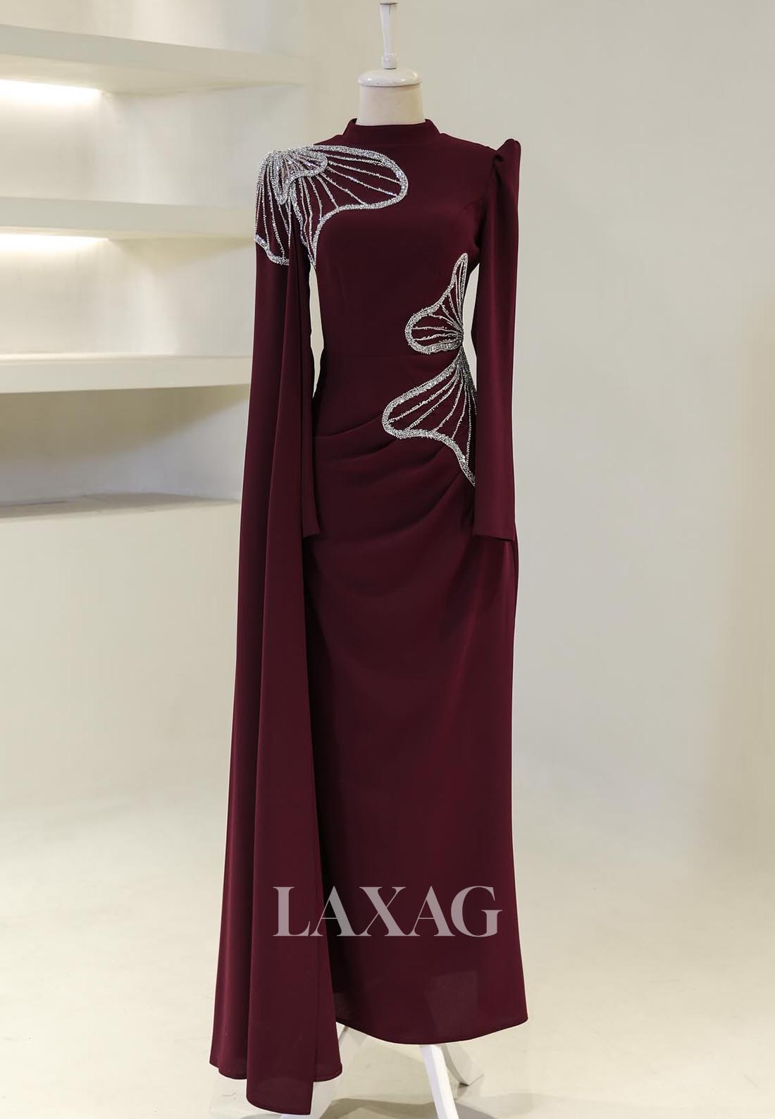 High-Neck Long-Sleeves Mermaid Mother of the Bride Dress Beaded Pleated Floor-Length Cocktail Gowns