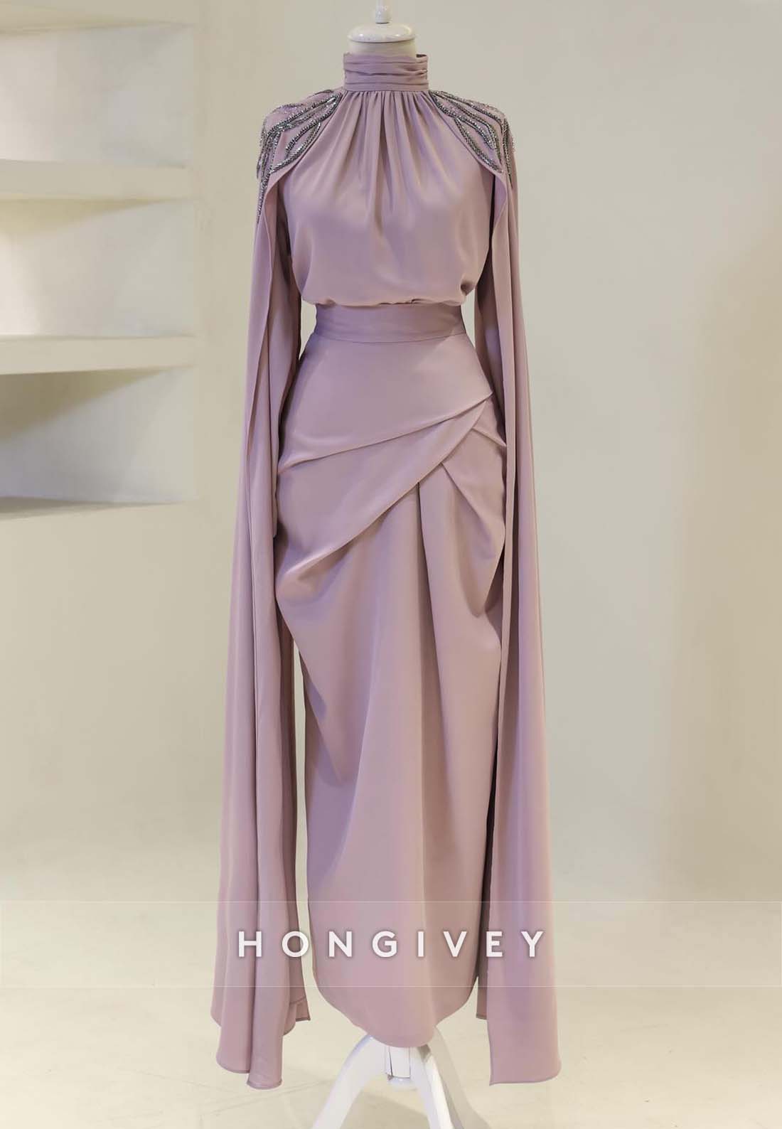Sheath Floor-Length Evening Gown High Neck Pleated Shoulder Appliqued Formal Dresses