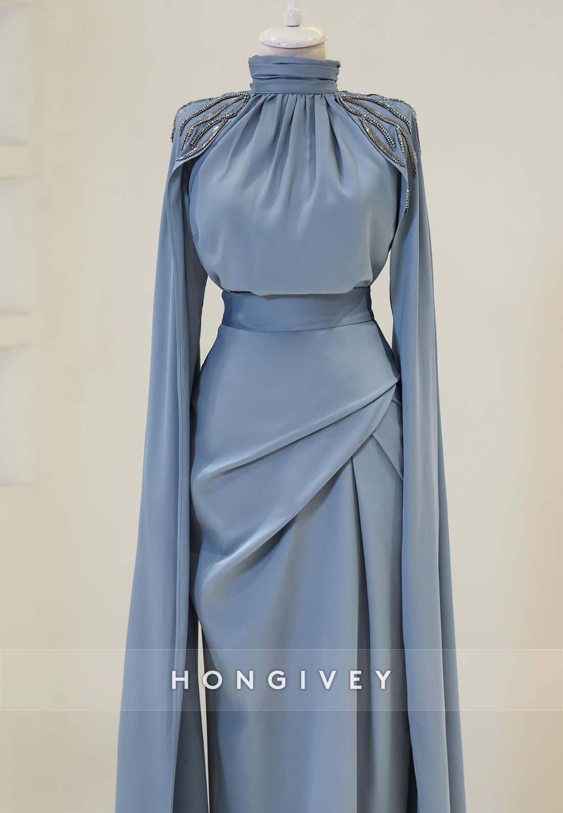 Sheath Floor-Length Evening Gown High Neck Pleated Shoulder Appliqued Formal Dresses