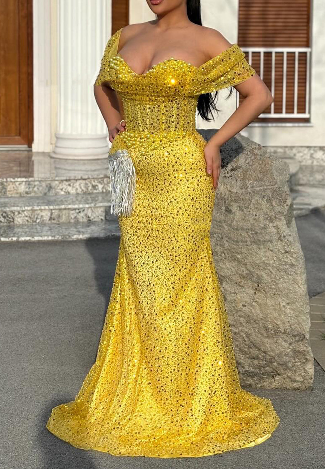 Glamorous & Dramatic Off-Shoulder Beaded Mermaid Evening Party Prom Dress