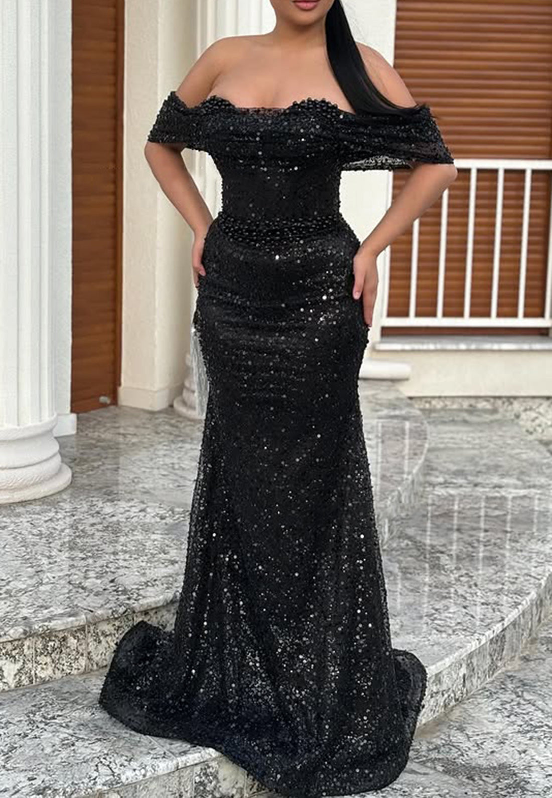 Glamorous & Dramatic Off-Shoulder Beaded Mermaid Evening Party Prom Dress