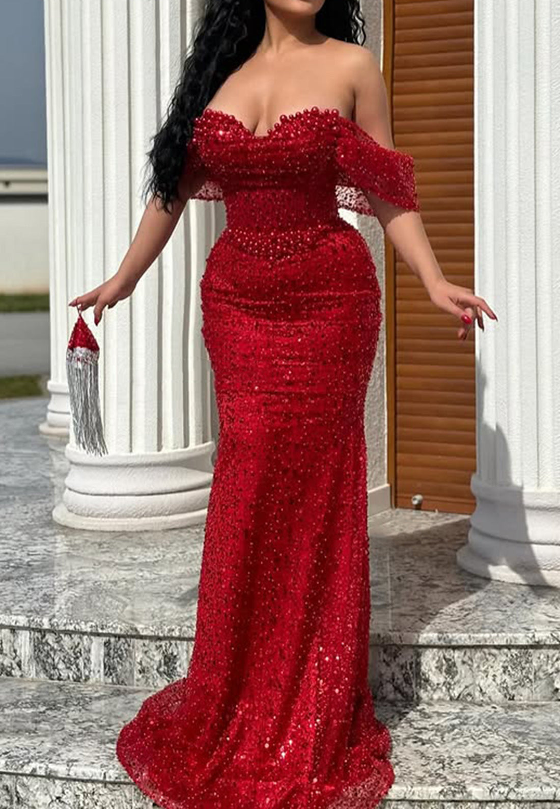 Glamorous & Dramatic Off-Shoulder Beaded Mermaid Evening Party Prom Dress