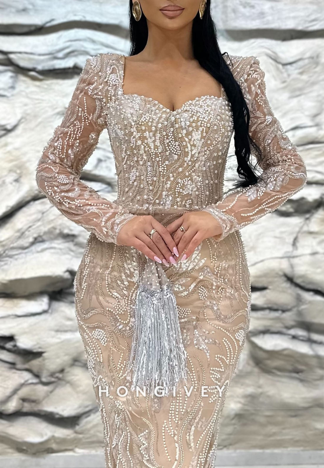 Sheath Formal Dresses Floor-Length Long Sleeve Beading Evening Gown