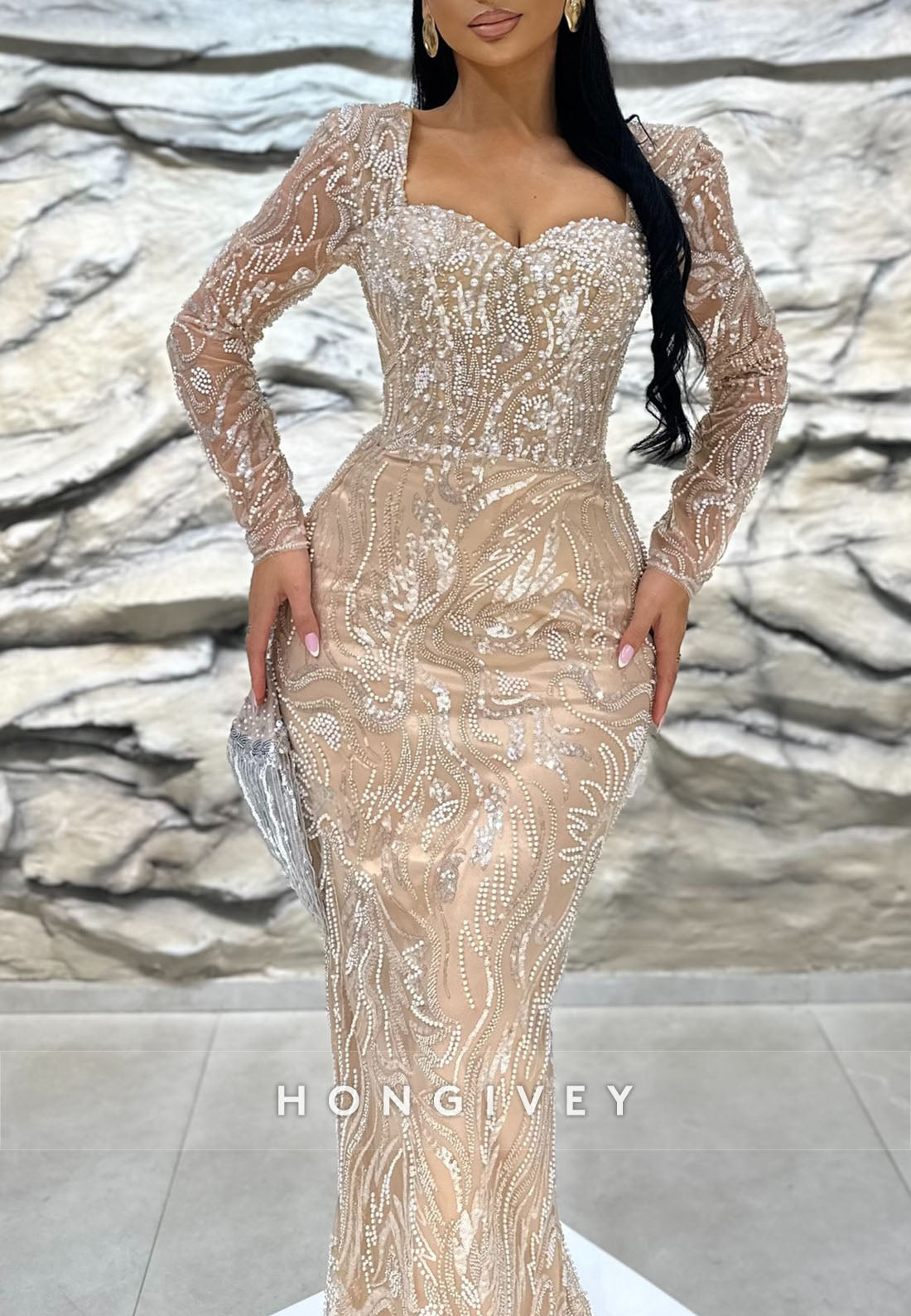 Sheath Formal Dresses Floor-Length Long Sleeve Beading Evening Gown