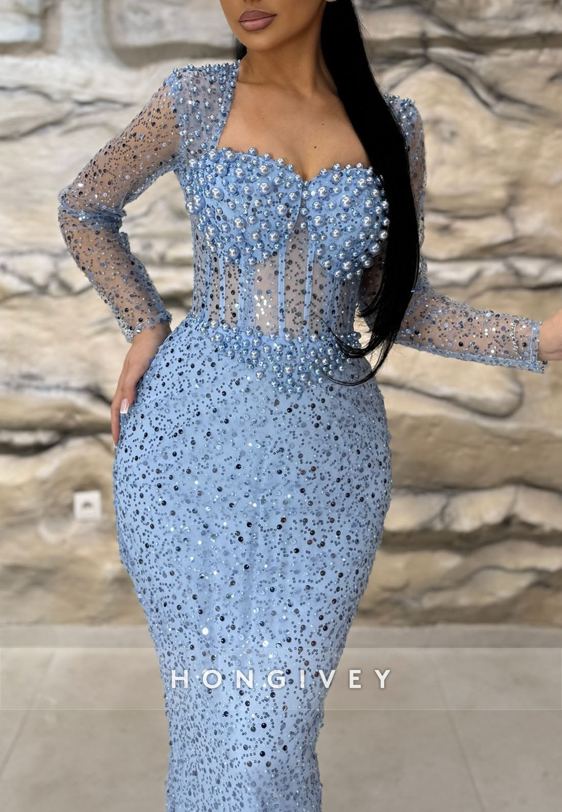 Long Sleeve Formal Dresses Floor-Length Sequined Pleated Sheath Evening Gown
