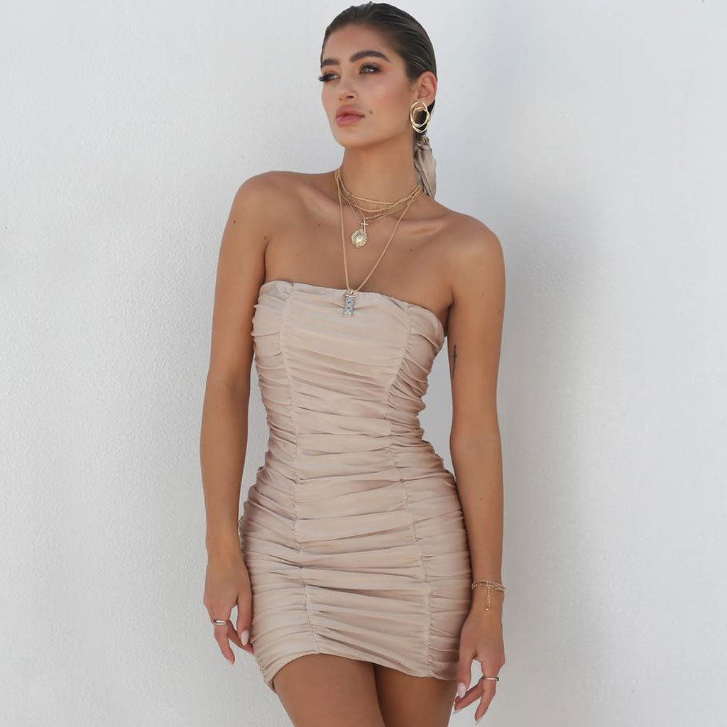 Double-Layer Ruched Mesh Strapless Bodycon Mini Dress