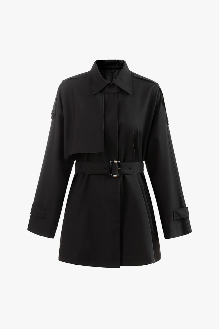 Elegant Belted Short Trench Coat with Cinched Waist Design