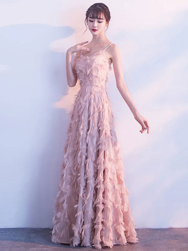 Modern Evening Dresses Blush Pink Long Halter Feathers Sleeveless Floor Length Graduation Dress wedding guest dress