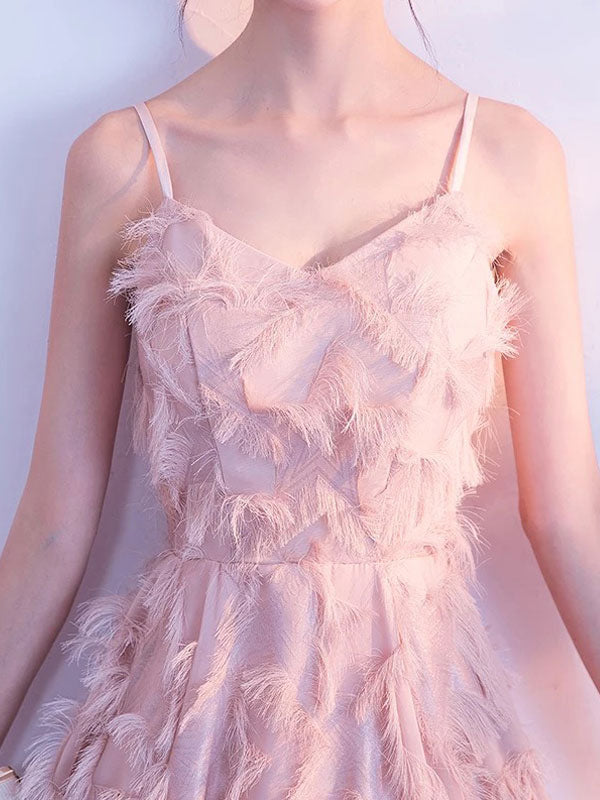 Modern Evening Dresses Blush Pink Long Halter Feathers Sleeveless Floor Length Graduation Dress wedding guest dress