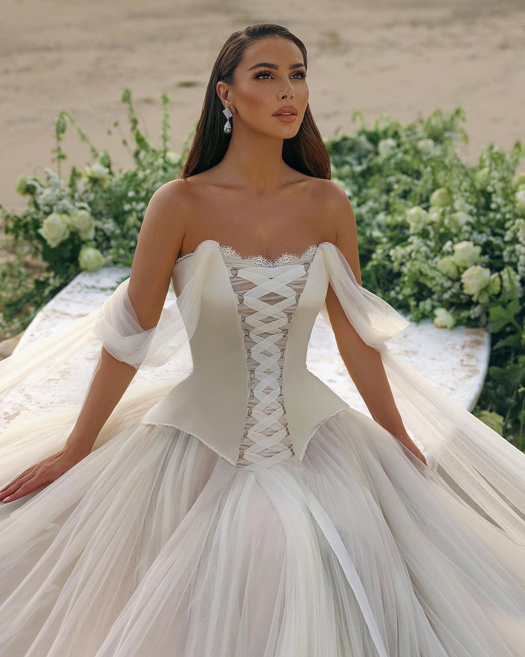 Modern Long Off-the-Shoulder A-Line Tulle Corset Wedding Dress - Fashionpara