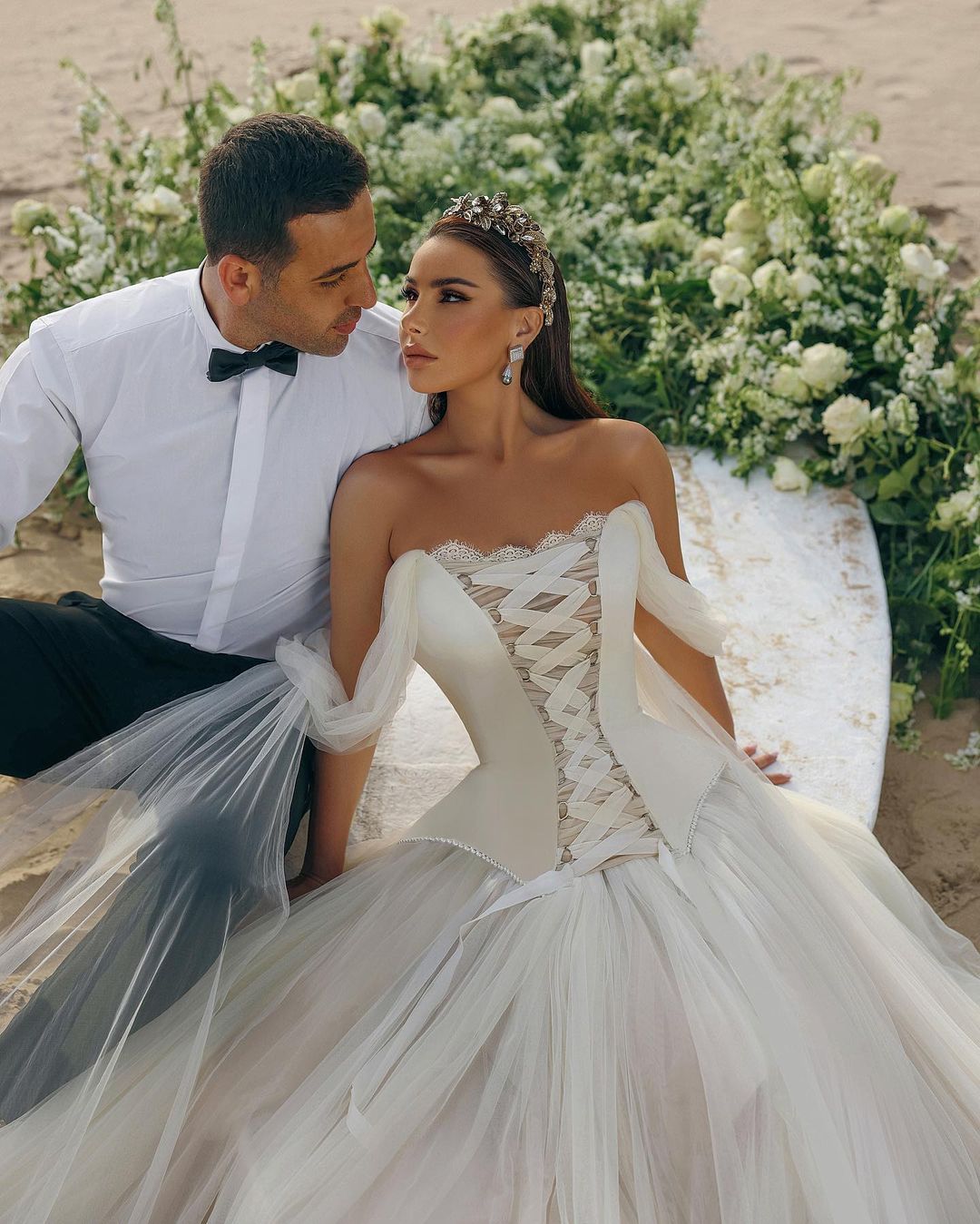 Modern Long Off-the-Shoulder A-Line Tulle Corset Wedding Dress - Fashionpara