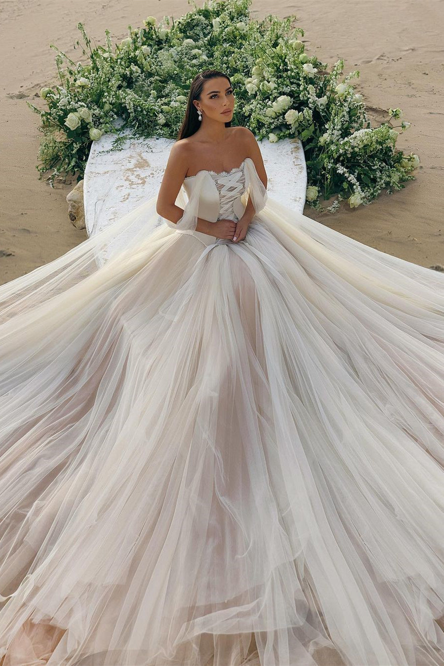 Modern Long Off-the-Shoulder A-Line Tulle Corset Wedding Dress - Fashionpara