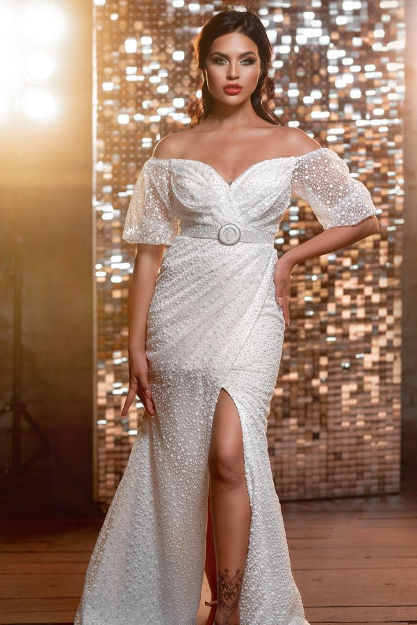Contemporary Long V-neck Sparkling Wedding Dress with Full-Length Sleeves - Fashionpara