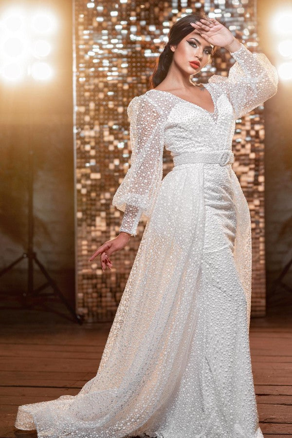 Contemporary Long V-neck Sparkling Wedding Dress with Full-Length Sleeves - Fashionpara