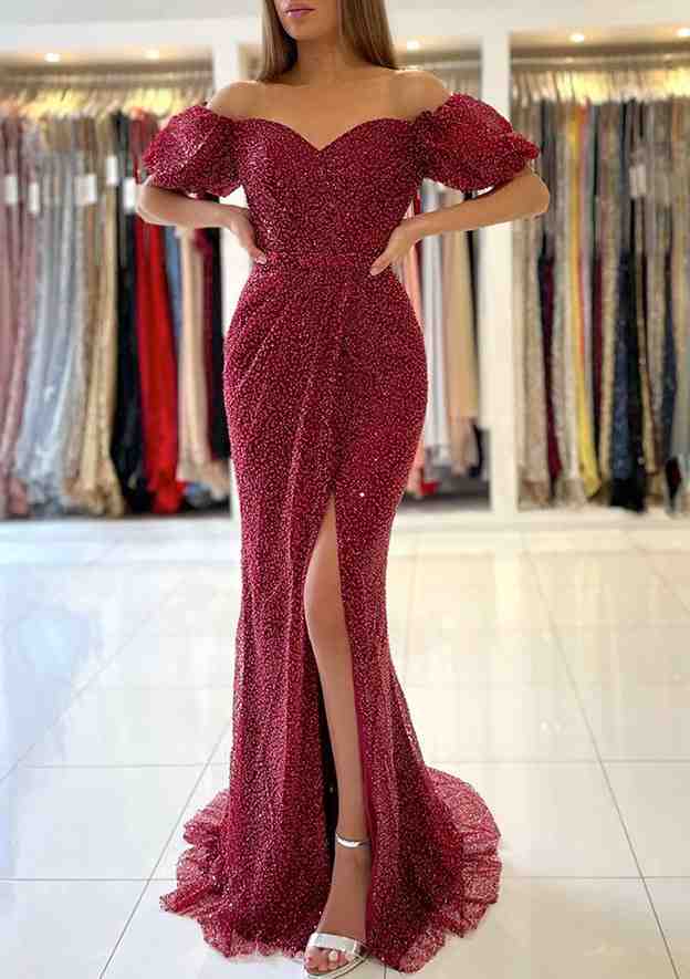 Modern Prom Dress/Evening Dress with Sequins - Trumpet/Mermaid Off-the-Shoulder Short Sleeve Sweep Train - Fashionpara