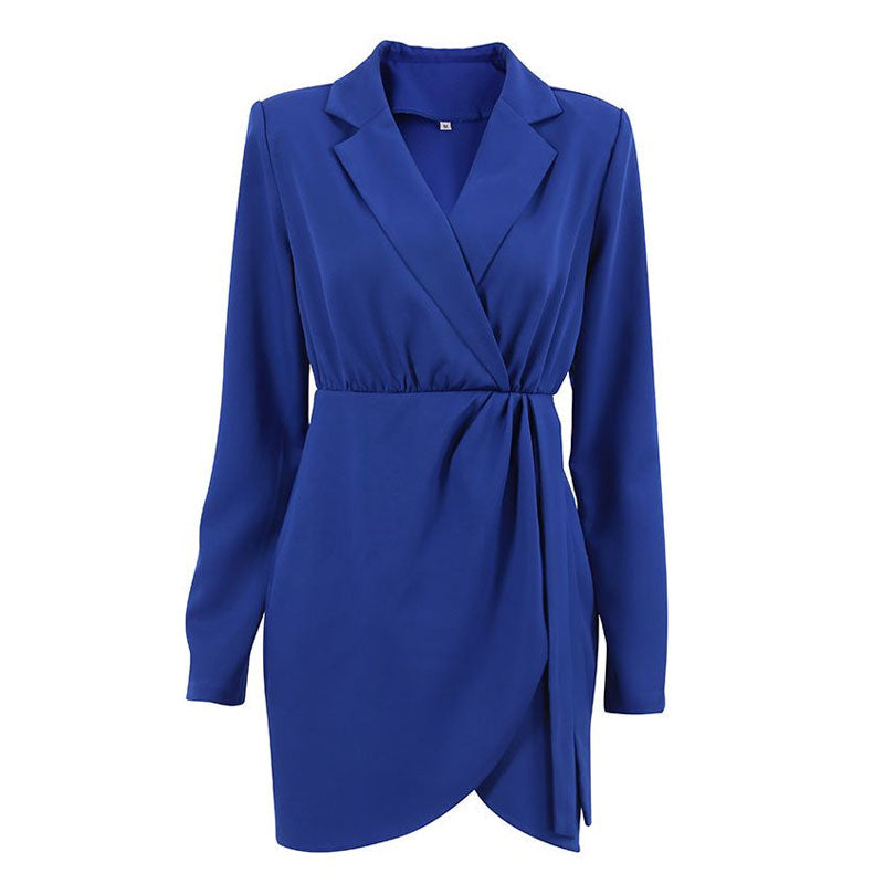 Ruched Shoulder Pad Lapel Collar V Neck Blazer Mini Dress - Royal Blue 4