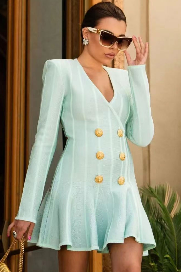 Bandage V Neck Long Sleeve Button Ruffle Hem Mini Dress 2