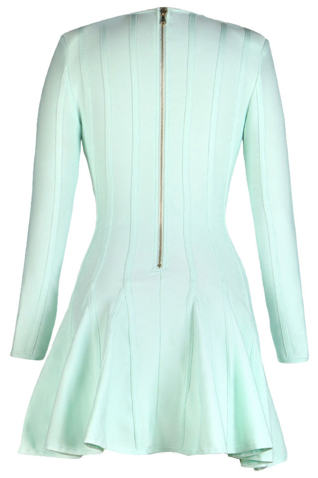 Modern Shoulder Pad Long Sleeve Ruffle Bandage Mini Dress - Lake Green Fashionpara