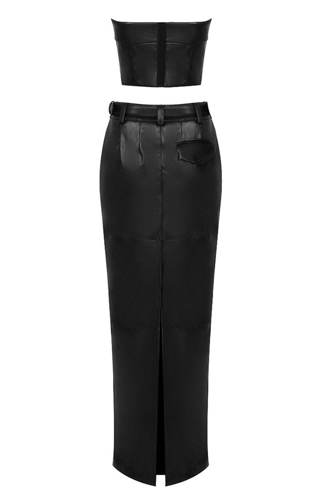 Modern Vegan Leather Crop Tube Top Maxi Skirt Two Piece Dress - Black - Fashionpara
