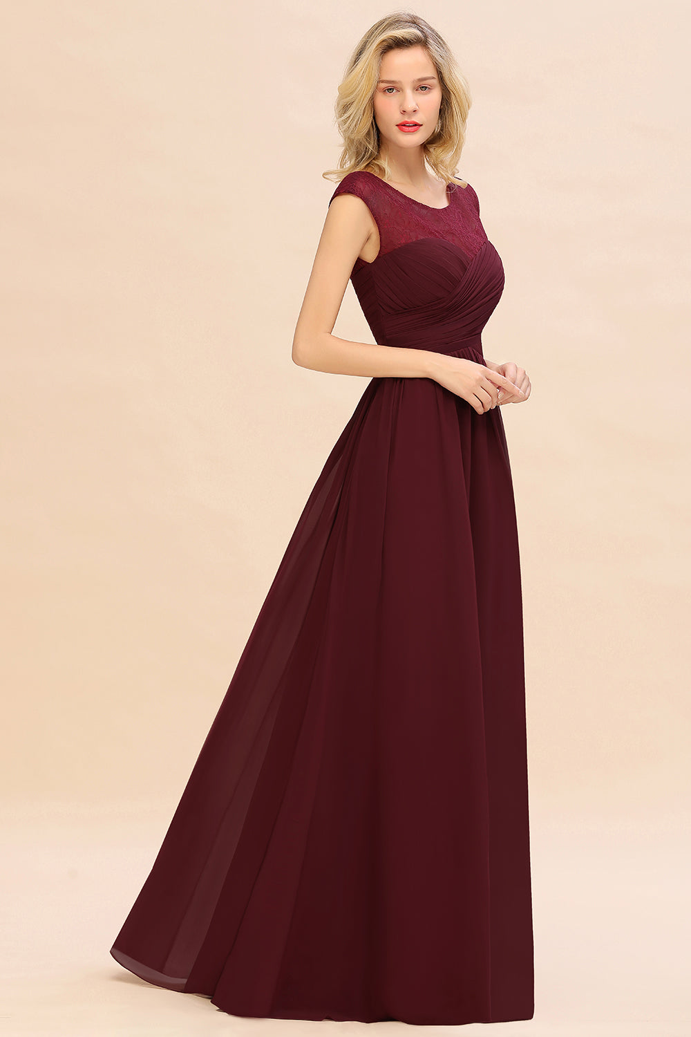 Modest Burgundy Chiffon Sleeveless Ruffle Bridesmaid Dresses Affordable - Fashionpara